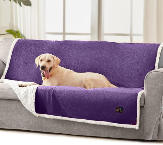 Luciphia Waterproof Blanket for Large Dogs Liquid Proof Furniture Protector Washable Pet Reversible Bed Cover for Couch Soft Sherpa Fleece Cat Blanket for Small Medium Purple White Large（65" x 57"）