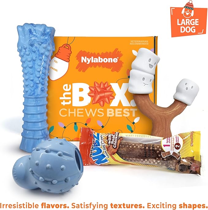 Nylabone Dog Gift Box, Includes 3 Rubber Strong Chew Toys and 1 Natural Treat, Gifts for Dogs, Large - Up to 50 lbs, 4 Pack