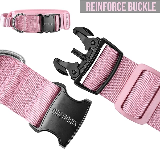 OneTigris Tough Dog Collars, Tactical Dog Collar with Handle, Milltary Adjustable Dog Collar with Heavy Duty Metal Buckle for Training (Medium,Pink)