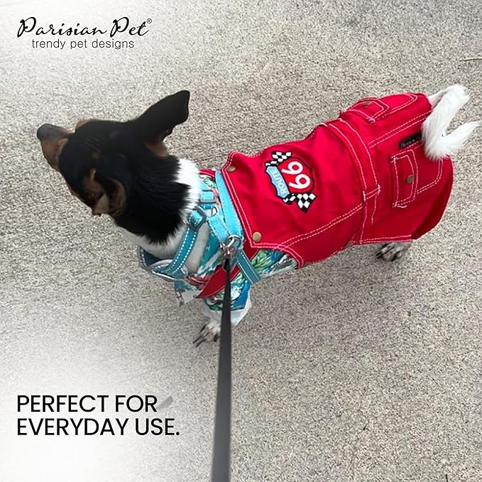 Parisian Pet Denim Dog Overalls - Embroidered 'Route 66' Red Jumpsuit - Breathable, Machine-Washable Medium Dog Costume