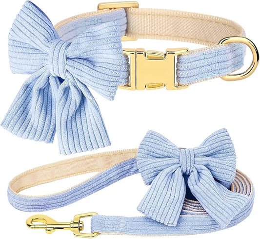 Didog Dog Collar and Leash Set with Bowtie, Girl Dog Collars Metal Buckle Adjustable for Small Medium Dogs(Blue, M)