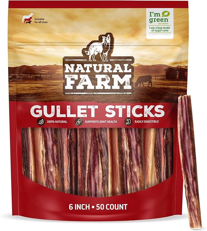 Natural Farm Gullet Sticks (6 Inch, 50 Pack) - One Ingredient Beef Esophagus Chews - Fully Digestible, Promotes Joint & Dental Health, for Pups, Small & Senior Dogs