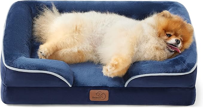 Bedsure Small Orthopedic Dog Bed - Washable Bolster Dog Sofa Beds for Small Dogs, Supportive Foam Pet Couch Bed with Removable Washable Cover, Waterproof Lining and Nonskid Bottom Couch, Navy Blue