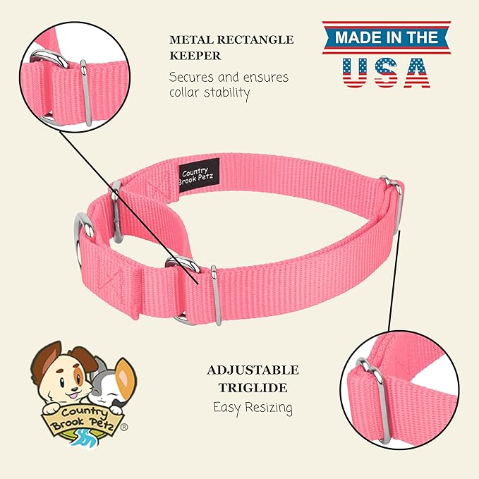Country Brook Petz Martingale Dog Collar - Heavy-Duty Training Collar with No Buckle - Service Dog Collar for All Pups - Vibrant, Colorful Collection (Pink, 3/4 Inch, Small)