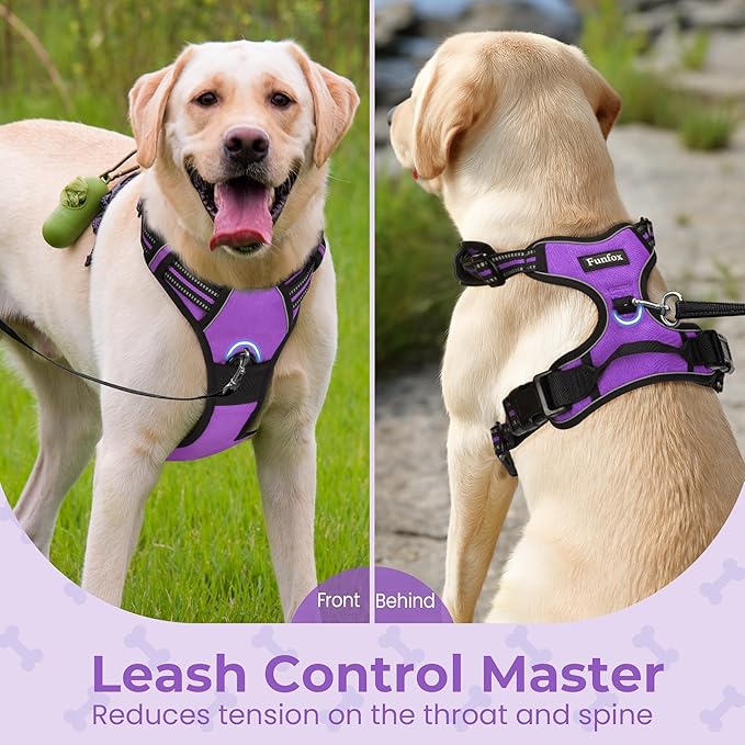 Funfox Dog Harness No Pull, Adjustable Pet Vest Harness Purple L with Handle, 2 Leash Clips for Daily Walking Easy Control, Soft Durable Reflective Comfortable for Large Breed Dogs