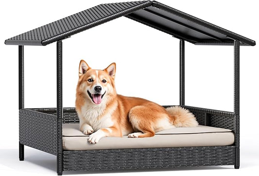Greesum Wicker Dog House for Small/Medium Dogs, Outdoor Indoor Elevated Dog Shelter Dog Bed with Cushion, for Deck, Patio, Yard, Pool, Black House