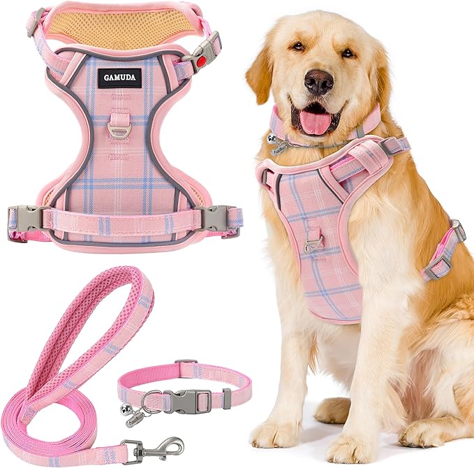 GAMUDA Dog Harness Collar and Leash Set, Dog Harness, No Chock No Pull Adjustable Vest Harnesses Plaid Reflective for Medium Dog, Cat, Small Horse, Small Bull and Pig (Pink, XL)