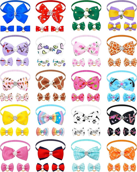 PET SHOW 60 Pack 20 Set Small Dog Hair Bows with Rubber Bands and Bowties for Dogs Boys and Girls Adjustable Pet Collar Bow Ties Hair Grooming Accessories Assorted