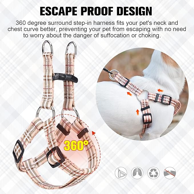 BEAUTYZOO No Pull Dog Harness and Leash Set - Adjustable Step-in Puppy Harness for Small Medium Large Dogs, Escape Proof Soft Nylon Vest with Double D Ring for Walking Running Training, Beige XS