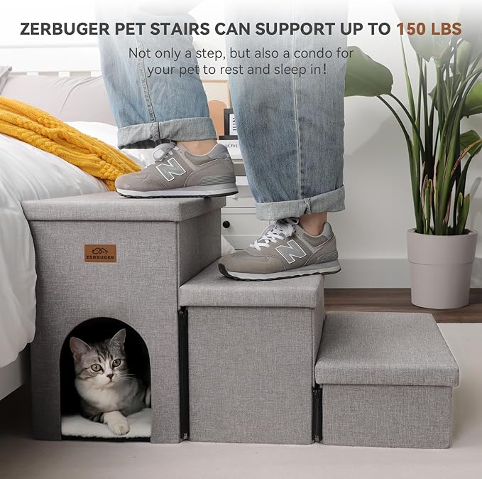Dog Stairs with Condo 18" H, 3-Step Wider Dog Steps for High Beds Couch, Folding Storage Pet Stairs Gift for Small/Medium/Large Old Dogs Cats, Ramp for Climbing Car Up to 200 lbs, Smok Gray