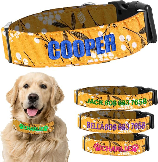 Personalized Dog Collars, Pet Collar with Name and Phone Number, Customized Adjustable Quick Release Buckle for Small, Medium, and Large Dogs. Embroidered Soft Pet Name Tag - Yellow Spring