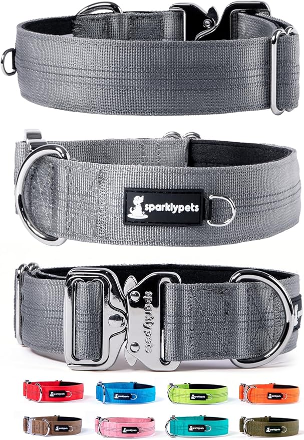 SparklyPets Heavy Duty Wide Dog Collar with Quick Release Chrome Buckle – Thick Tactical Dog Collar with Reflective Stripes & Soft Lining – for Large & Medium Breeds