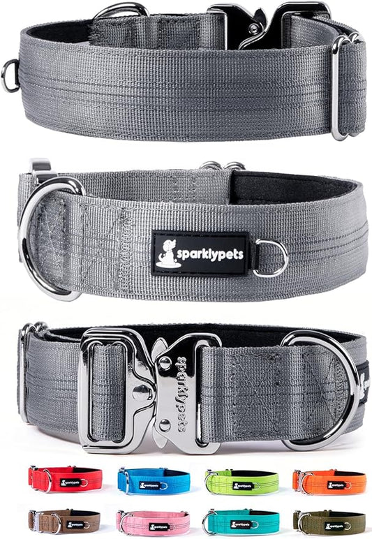 SparklyPets Heavy Duty Wide Dog Collar with Quick Release Chrome Buckle – Thick Tactical Dog Collar with Reflective Stripes & Soft Lining – for Large & Medium Breeds