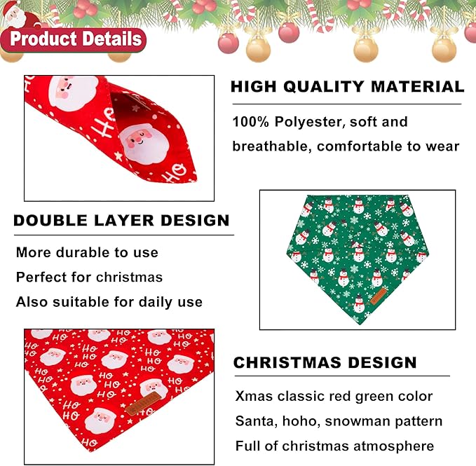 ADOGGYGO Christmas Dog Bandanas, Snowman Santa Xmas Pet Scarf, Multi Size Offered, Red Green Christmas Bandana for Small Dogs Pets (Small)