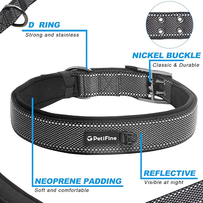 PetiFine Neoprene Padded Dog Collar, Heavy Duty Comfort Dog Collar with Durable Metal Buckle, Reflective Adjustable Belt Buckle Dog Collars for Small Medium Large Dogs(24''-28'', Black)