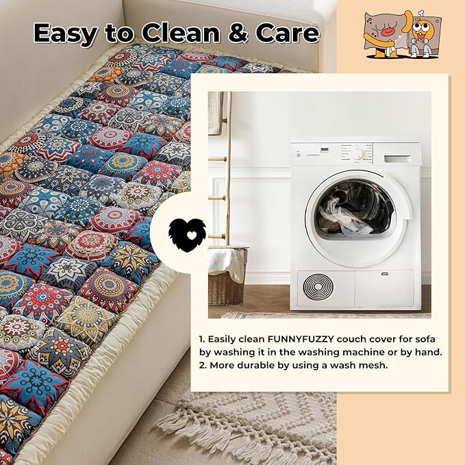FUNNY FUZZY Pet Couch Covers for Sofa, Couch Covers for Dogs Washable Dog Couch Cover Protector Furniture Sofa Covers for Dog Handmade Pure Cotton Pet Bed Mat (Morocco Blue, 27.6"×70.9")