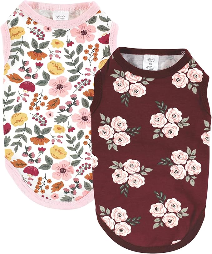Luvable Friends Dog Pet Dog and Cats Cotton T-Shirts 2pk, Burgundy Floral Botanical, X-Large