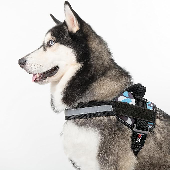 Dogline Dog Harness, Reflective No-Pull Adjustable Vest with Handle for Walking, Training, Breathable, No - Choke Harness for Small, Medium or Large Dogs Room for Patches Girth 33"-46" in Blue Camo