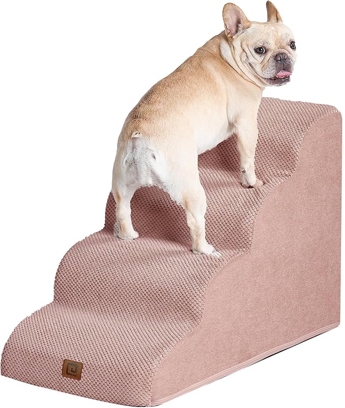 EHEYCIGA Curved Dog Stairs Ramp for Small Dogs 15.7" H, 3-Step Dog Steps for Couch Sofa and Chair, Pet Stairs for Cats, Non-Slip Balanced Pet Steps Indoor, Dusty Pink