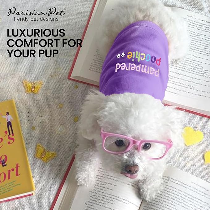 Parisian Pet Dog T-Shirt - Embroidered Pampered Poochie Dog Clothes - 100% Cotton, Breathable Tank Top - Sleeveless Pet Vest - Machine Washable Shirts for Small Dogs - XS