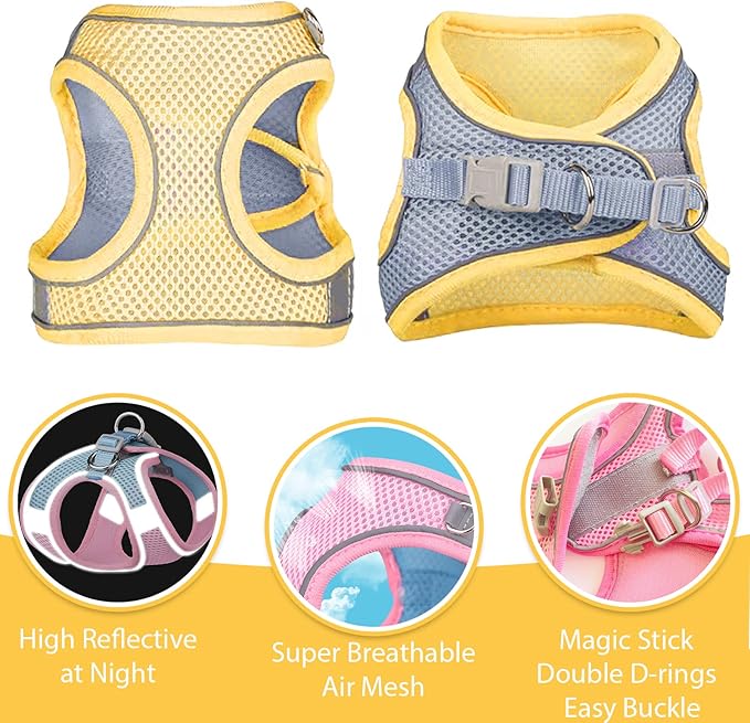 Soft Small Dog Harness and Leash Set Mesh Puppy Harnesses Leash Easy Walk Dog Harness Vest Adjustable Reflective No Pull Dog Harnesses for Small Dogs Cats (Yellow Grey,S)