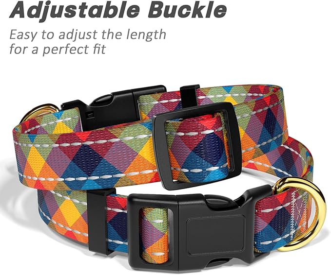 Reflective Dog Collar for Small Dogs, Cute Boho Adjustable Heavy-Duty Nylon Puppy Collar for Boy and Girl Female, Soft Pet Accessories with Quick Release Buckle, Colorful Tartan