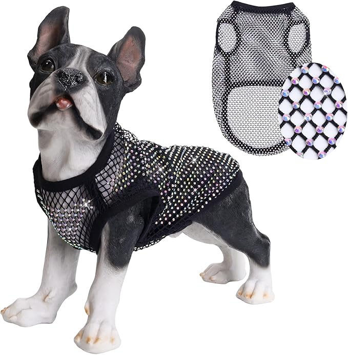 Dog Shirts Clothes,Pet Mesh Body Chains Diamond Short Sleeve Fishnet Crop,Tops Rhinestone See Through Cover up T Shirt Apparel for Small Dogs Cats - XS