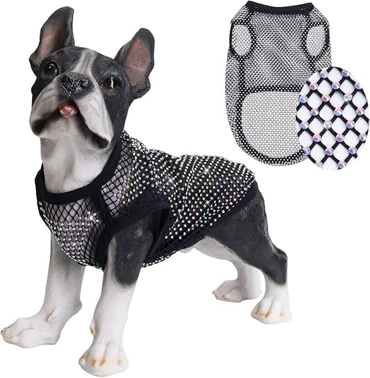 Dog Shirts Clothes,Pet Mesh Body Chains Diamond Short Sleeve Fishnet Crop,Tops Rhinestone See Through Cover up T Shirt Apparel for Small Dogs Cats - XS