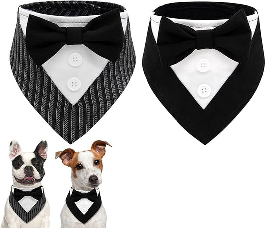 cyeollo 2pack Dog Tuxedo Wedding Bandana Costume for Small Dogs Adjustable Dog Birthday Party Collar with Bow Tie Pet Party Dog Costumes, Black & Striped M
