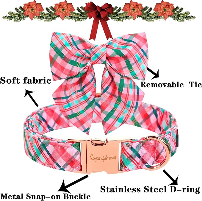 Unique style paws Dog Collar with Tie Pink & Green Plaid Dog Collar Best Gifts for Small Medium Large Dogs -L