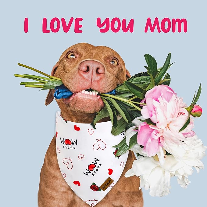 Mothers Day Dog Bandanas - 2 Pack Reversible Super Mom Pet Scarf for Boy and Girl | Premium Durable Fabric | Triangle I Love My Mom Bandana for Small Medium Large and Extra Large Dogs (Large)