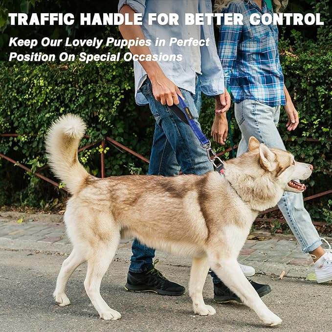 Dog Seat Belt Harness for Car, Dog Car Leash with Car Headrest & Buckle, Reflective Short Dog Leash, Pet 15 Inch Heavy Duty Leash for Dogs with Padded Handle & Locking Carabiner Clip, Ryoal Blue