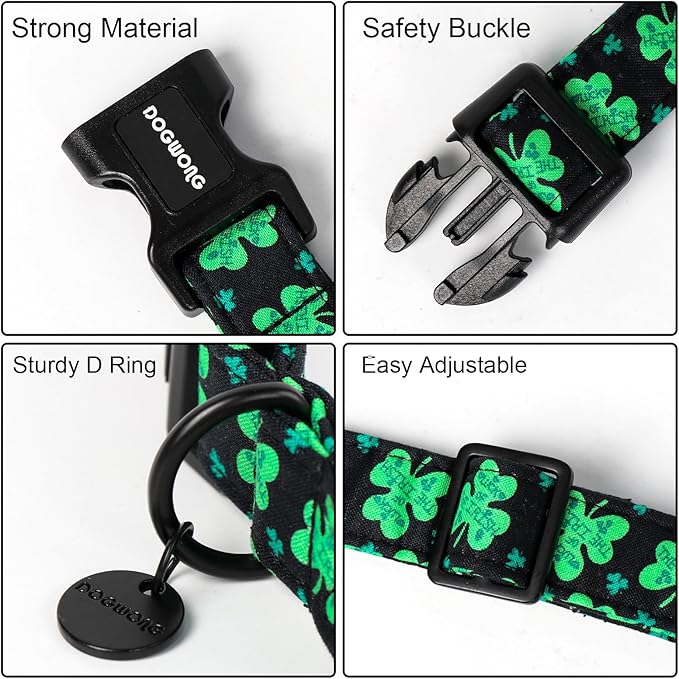 DOGWONG Black St. Patrick's Day Dog Collar, Green Lucky Clover Shamrock Dog Collar Soft Durable Adjustable Costume Bright Lucky Charm Puppy Collar for Small Medium Large Dog