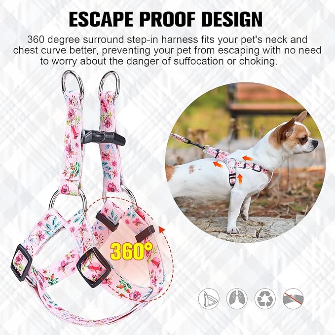 BEAUTYZOO No Pull Dog Harness and Leash Set - Adjustable Step-in Puppy Harness for Small Medium Large Dogs, Escape Proof Soft Nylon Vest with Double D Ring for Walking Running Training, Pink XS