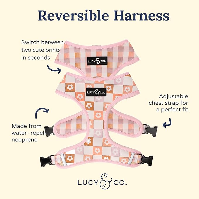 Lucy & Co. Pink Purple Daisy Checkered, Cute Reversible Dog Harness Walking Halter - Best Designer Pet Harnesses for XS - XL Dogs - Padded Adjustable Vest for Easy Walking (Large)