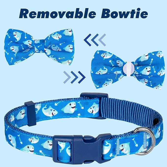 azuza Dog Collar with Bow Tie, Soft and Comfortable Adjustable Bowtie Dog Collar for Small Dogs (S, Shark)