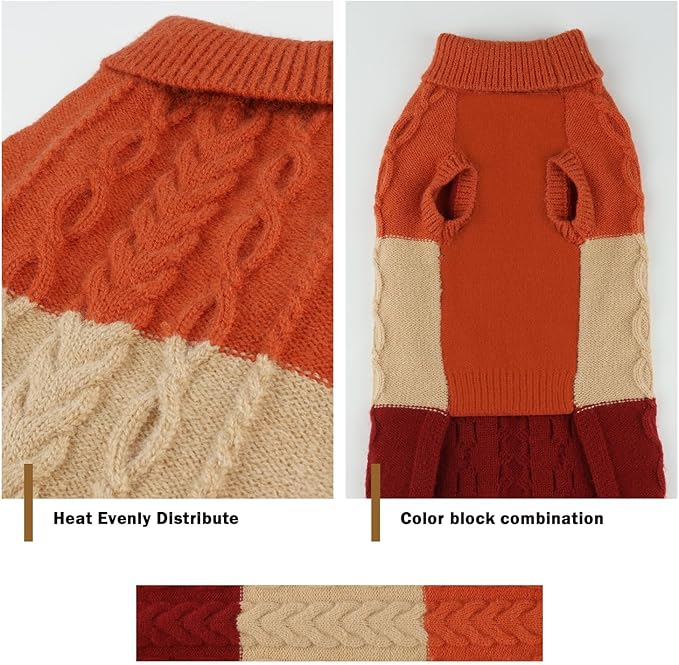 Dog Knitted Turtleneck Sweater - Dog Warm Pullover Color Block Cable Knitwear, Doggie Winter Clothes for Cats and Small Dogs Chihuahua, Bulldog (Orange, M)
