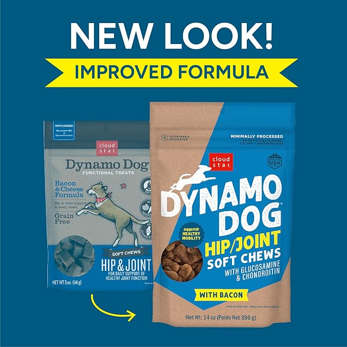 Cloud Star Dynamo Dog Soft Chews Hip & Joint Grain Free Dog Treats, Bacon & Cheese, 14 oz. Pouch