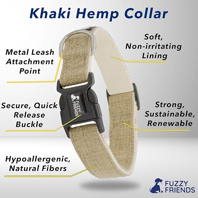 Khaki Hemp Dog Collar - Hypoallergenic Dog Collar - Comfortable for Sensitive Skin or Allergies with no Harsh Dyes or Chemicals - 5 Sizes from X-Small to x-Large Breeds