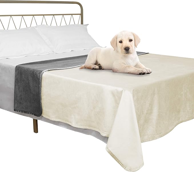 Ameritex Pet Bed Blanket Reversible 100% Waterproof Velvet Super Soft for Sofa and Bed (82x82 Inches, Cream+Grey)