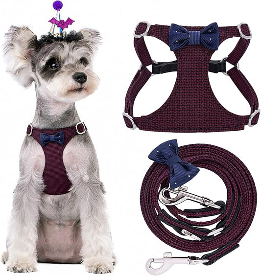 Puppytie No Pull Small Dog Harness with Multifunction Dog Leash,Lightweight Soft Adjustable No Choke Escape Proof Pet Harness Vest Pet Harness Vest,Plaid deep red,S