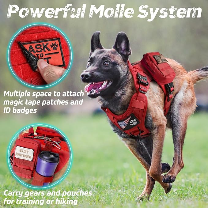 rabbitgoo Tactical Dog Harness for Large, Heavy Duty Pet Harness with Handle, No-Pull Service Vest Large Breed, Adjustable Military Dog Vest for Training Hunting Walking, Red, L