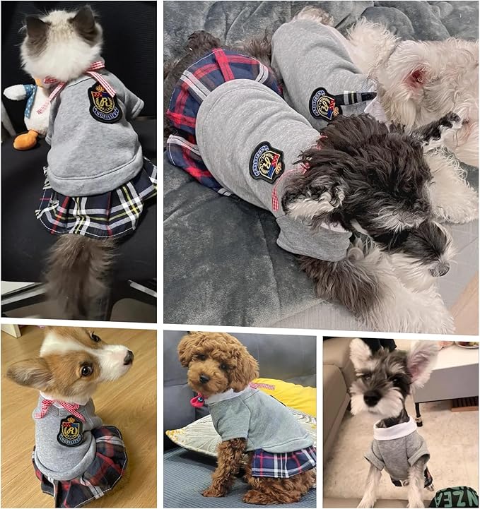 Pet Uniform School Skirts Sailor Costume Dog Campus Clothes Teddy Cute Bowtie Adorable Puppy Apparel (Large,Gray Shirt)