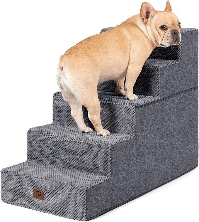 EHEYCIGA Dog Stairs for High Bed 22.5”H, 5-Step Dog Steps for Bed, Pet Steps for Small Dogs and Cats, Non-Slip Balanced Pet Ramp Indoor, Grey