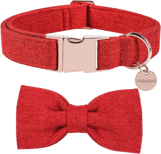 DOGWONG Hemp Cotton Dog Collar with Bow, Christmas Red Pet Collar Durable Adjustable Puppy Collar for Small Medium Large Dogs