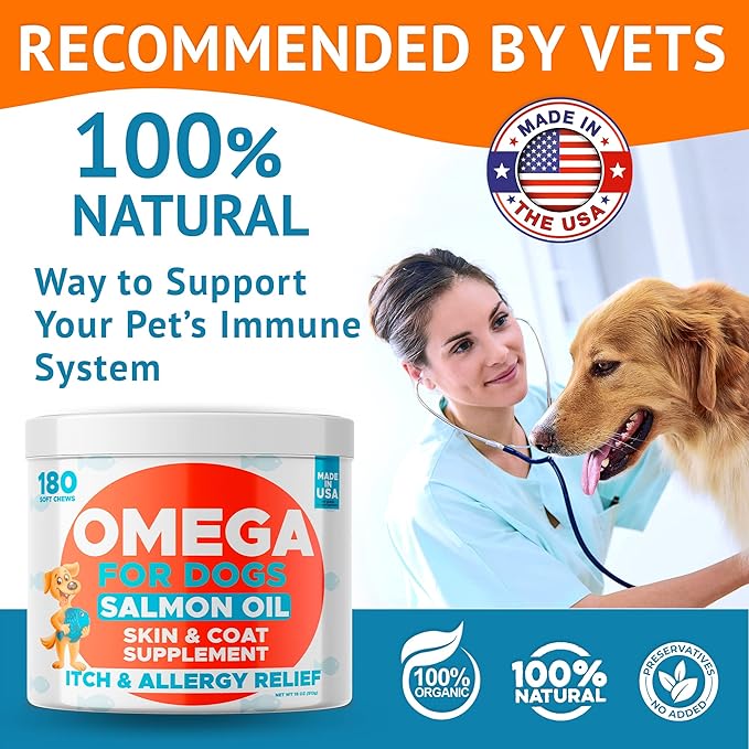 Omega 3 Fish Oil for Dogs (180Ct) - Skin&Coat Chews - Dry & Itchy Skin Relief + Allergy Support - Shiny Coat - EPA&DHA Fatty Acids - Salmon Oil Chews Promotes Heart