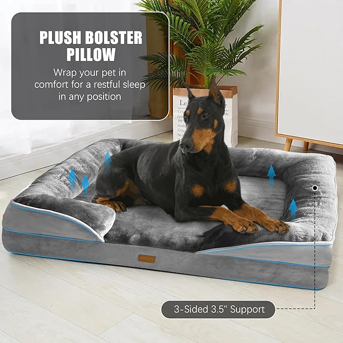 Orthopedic Dog Bed with Sides - Dog Sofa Beds for Extra Large Dogs, Supportive Foam Pet Couch Bed with Washable Removable Cover, Waterproof Lining and Non-Slip Bottom, Grey - XXL
