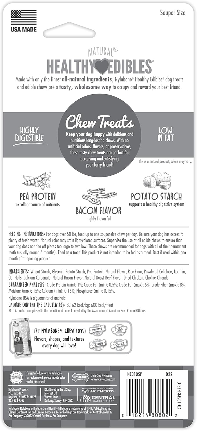 Nylabone Healthy Edibles Natural Dog Chews Long Lasting Bacon Flavor Treats for Dogs, X-Large/Souper (1 Count)