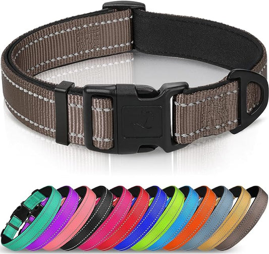 Joytale Reflective Dog Collar,Soft Neoprene Padded Nylon Pet Collar Adjustable for Large Dogs,Brown,Large