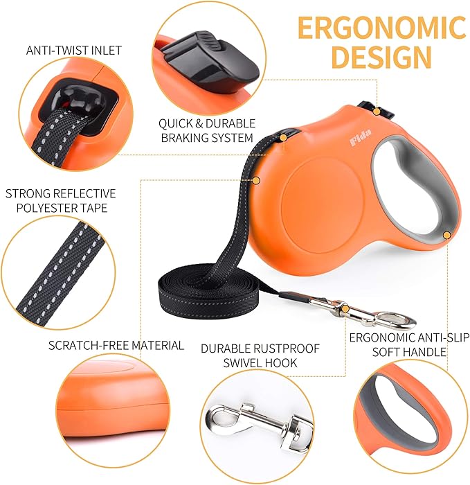 Fida Retractable Dog Leash, 16ft Heavy Duty Pet Walking Leash for Small Dog or Cat up to 26 lbs, Tangle Free. One-Hand Brake (Small,Orange)